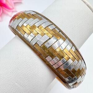 Vintage Two Tone Metallic Basketweave Bangle Bracelet Brass Silver Tone Chunky